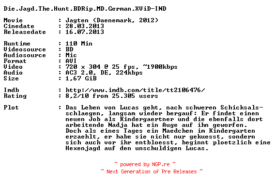 NFO for the release Die.Jagd.The.Hunt.BDRip.MD.German.XViD-IND by IND