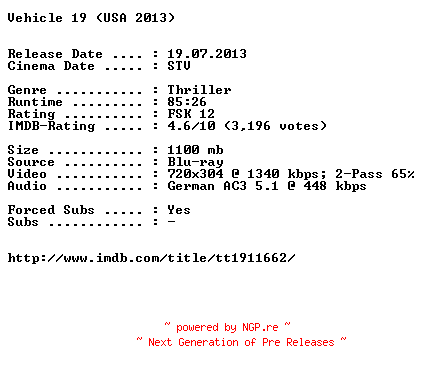 NFO for the release Vehicle.19.German.2013.AC3.BDRiP.XViD-EXQUiSiTE by EXQUiSiTE
