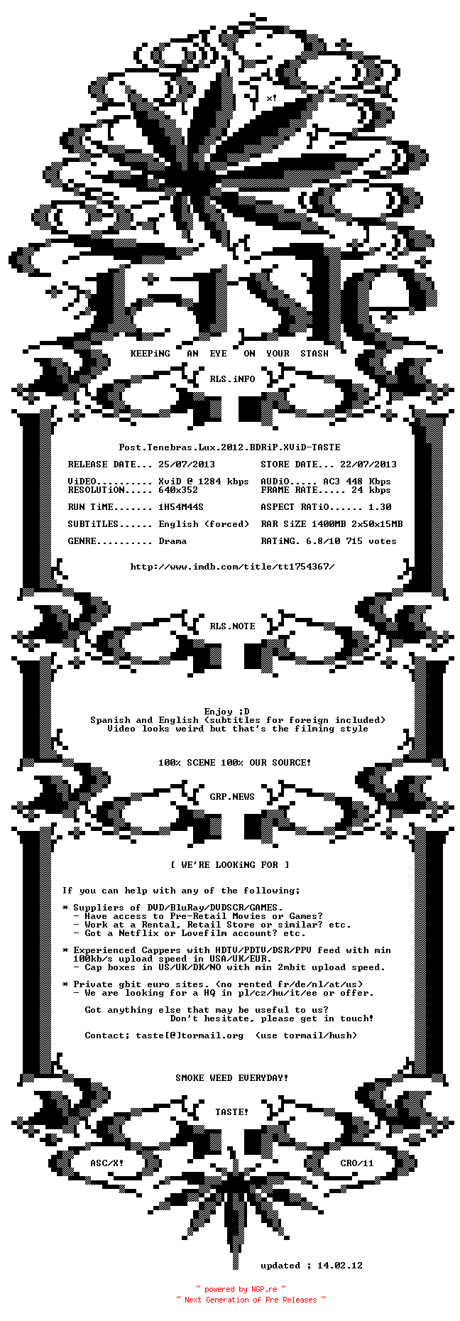 NFO for the release Post.Tenebras.Lux.2012.BDRiP.XViD-TASTE by TASTE