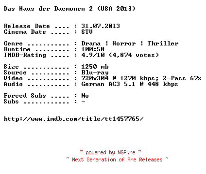 NFO for the release Das.Haus.der.Daemonen.2.German.2013.AC3.BDRiP.XViD-EXQUiSiTE by EXQUiSiTE