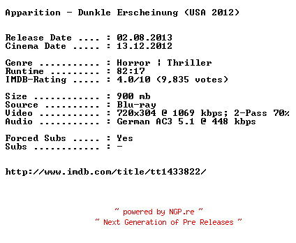 NFO for the release Apparition.Dunkle.Erscheinung.German.2012.AC3.BDRiP.XViD-EXQUiSiTE by EXQUiSiTE