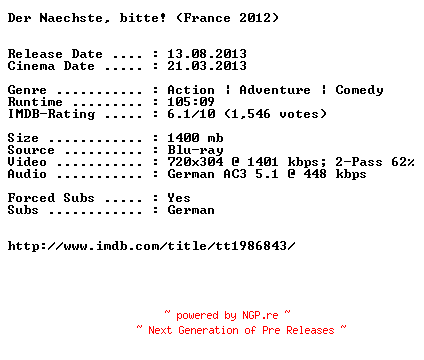 NFO for the release Der.Naechste.bitte.German.AC3.BDRiP.XViD-EXQUiSiTE by EXQUiSiTE