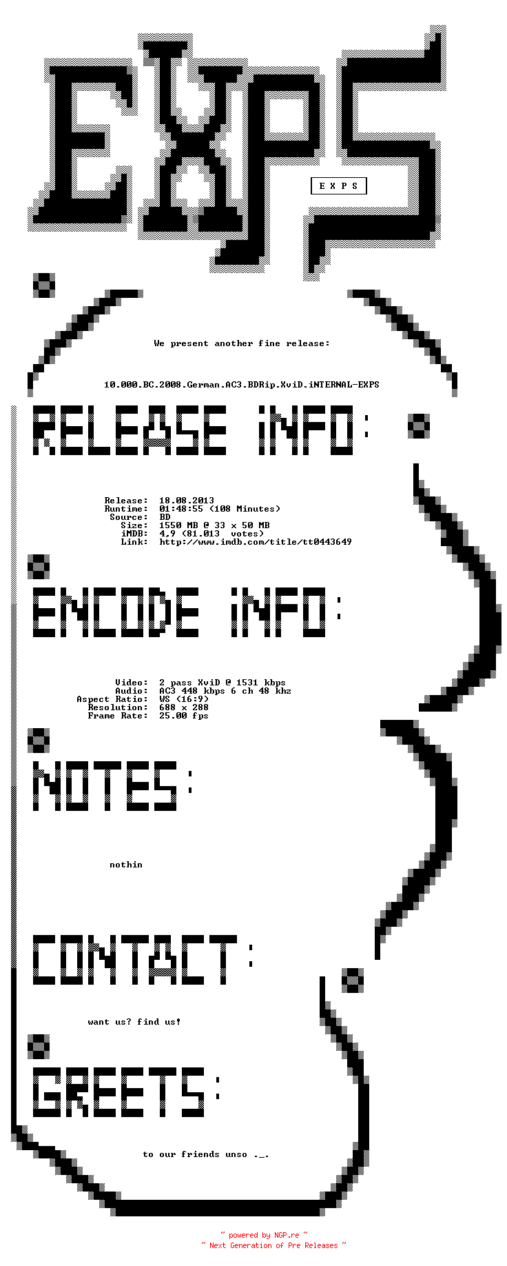 NFO for the release 10.000.BC.2008.German.AC3.BDRip.XviD.iNTERNAL-EXPS by EXPS