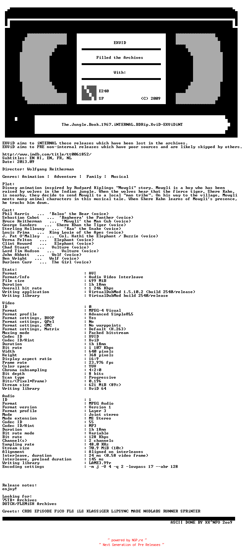 NFO for the release The.Jungle.Book.1967.iNTERNAL.BDRip.XviD-EXViDiNT by EXViDiNT