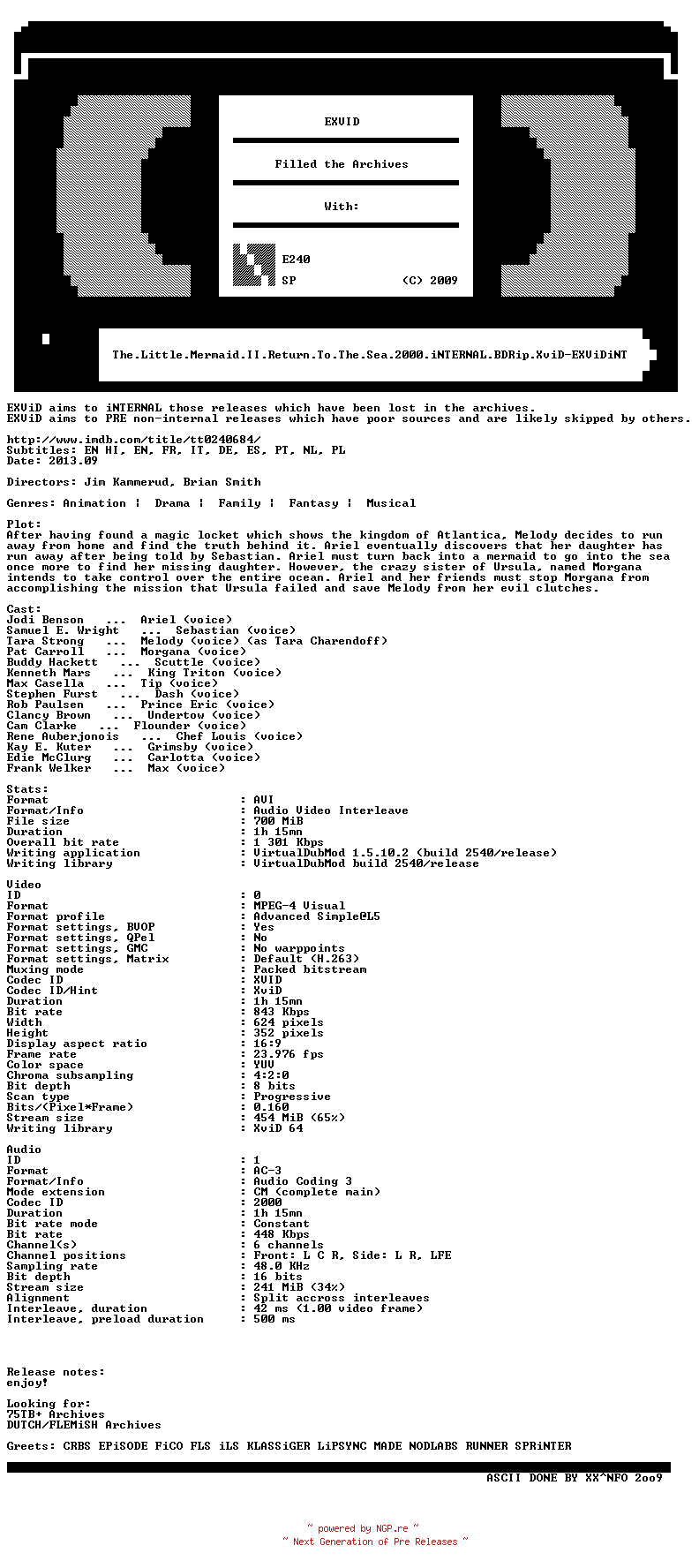 NFO for the release The.Little.Mermaid.II.Return.To.The.Sea.2000.iNTERNAL.BDRip.XviD-EXViDiNT by EXViDiNT