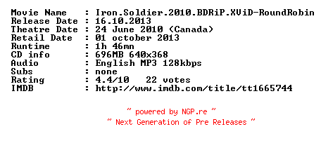 NFO for the release Iron.Soldier.2010.BDRiP.XViD-RoundRobin by RoundRobin