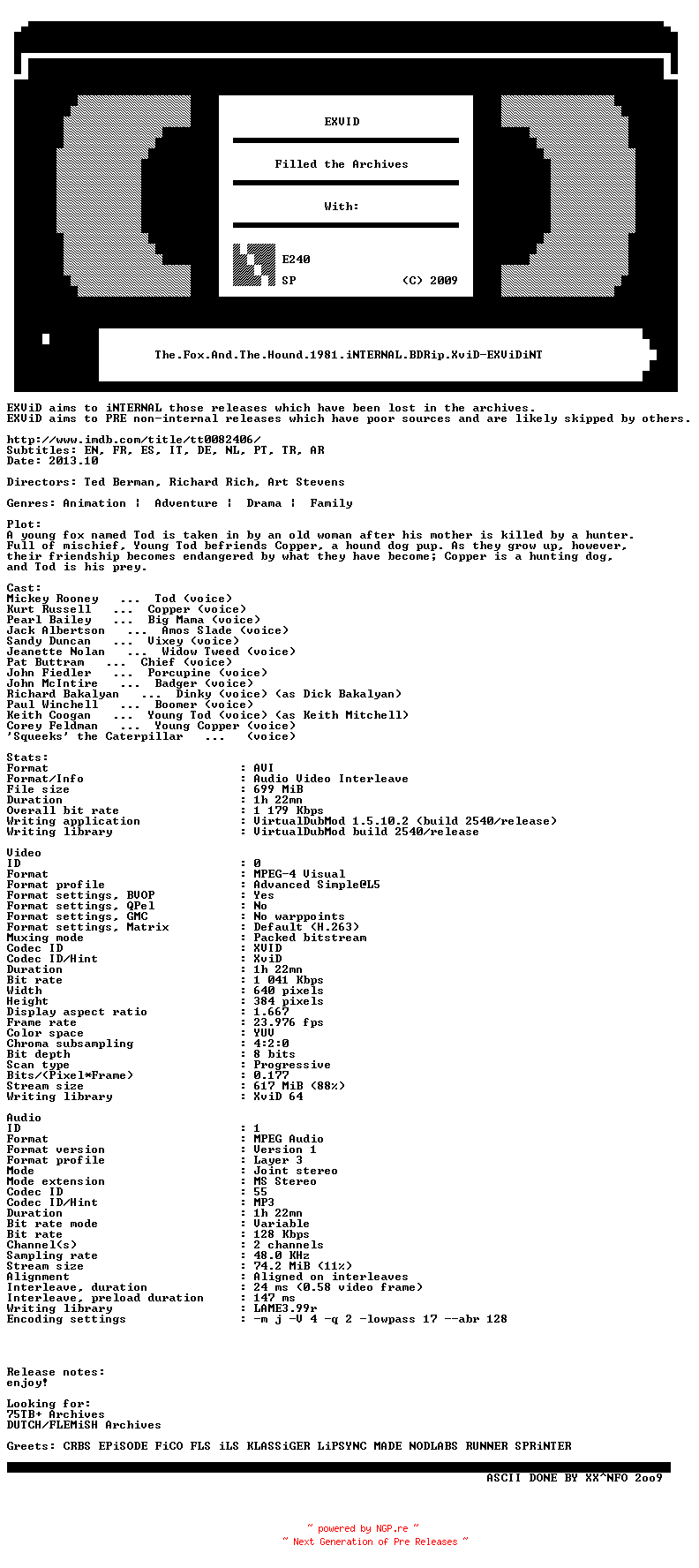 NFO for the release The.Fox.And.The.Hound.1981.iNTERNAL.BDRip.XviD-EXViDiNT by EXViDiNT