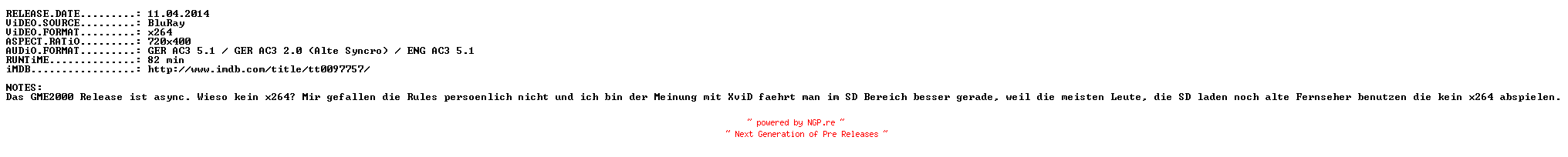 NFO for the release Arielle.die.Meerjungfrau.German.1989.AC3.ML.BDRip.XviD.READ.NFO.iNTERNAL-SDARCHiV by SDARCHiV