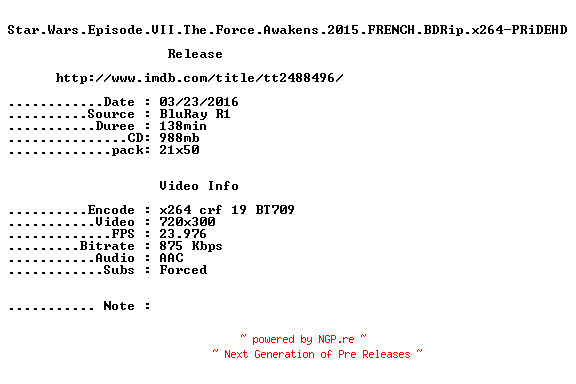 NFO for the release Star.Wars.Episode.VII.The.Force.Awakens.2015.FRENCH.BDRip.x264-PRiDEHD by PRiDEHD