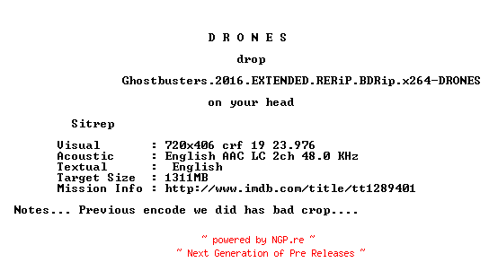NFO for the release Ghostbusters.2016.EXTENDED.RERiP.BDRip.x264-DRONES by DRONES