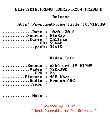 NFO for the release Elle.2016.FRENCH.BDRip.x264-PRiDEHD by PRiDEHD