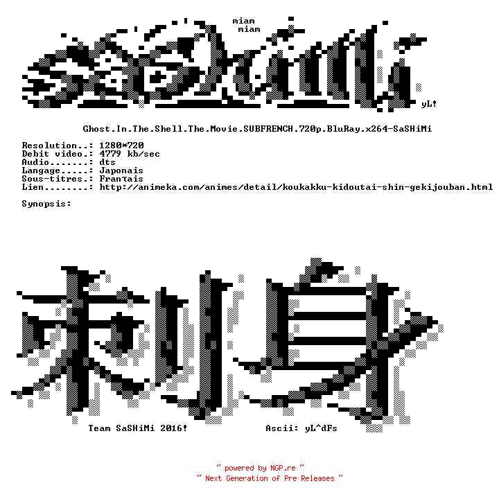 NFO for the release Ghost.In.The.Shell.The.Movie.SUBFRENCH.720p.BluRay.x264-SaSHiMi by SaSHiMi