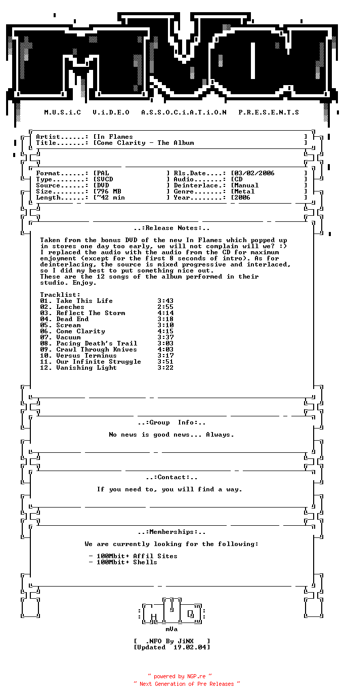 NFO for the release In_flames-come_clarity-the_abum-dvdrip-svcd-2006-mVa by mVa