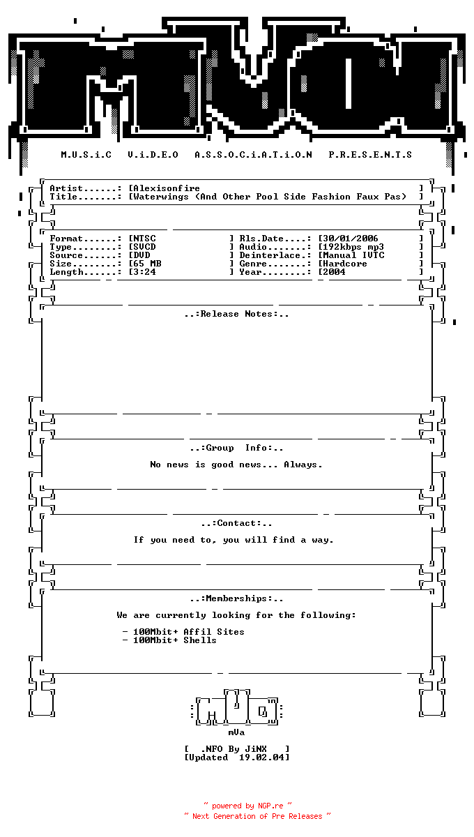 NFO for the release Alexisonfire-waterwings_(and_other_pool_side_fashion_faux_pas)-dvdrip-svcd-2004-mVa by mVa