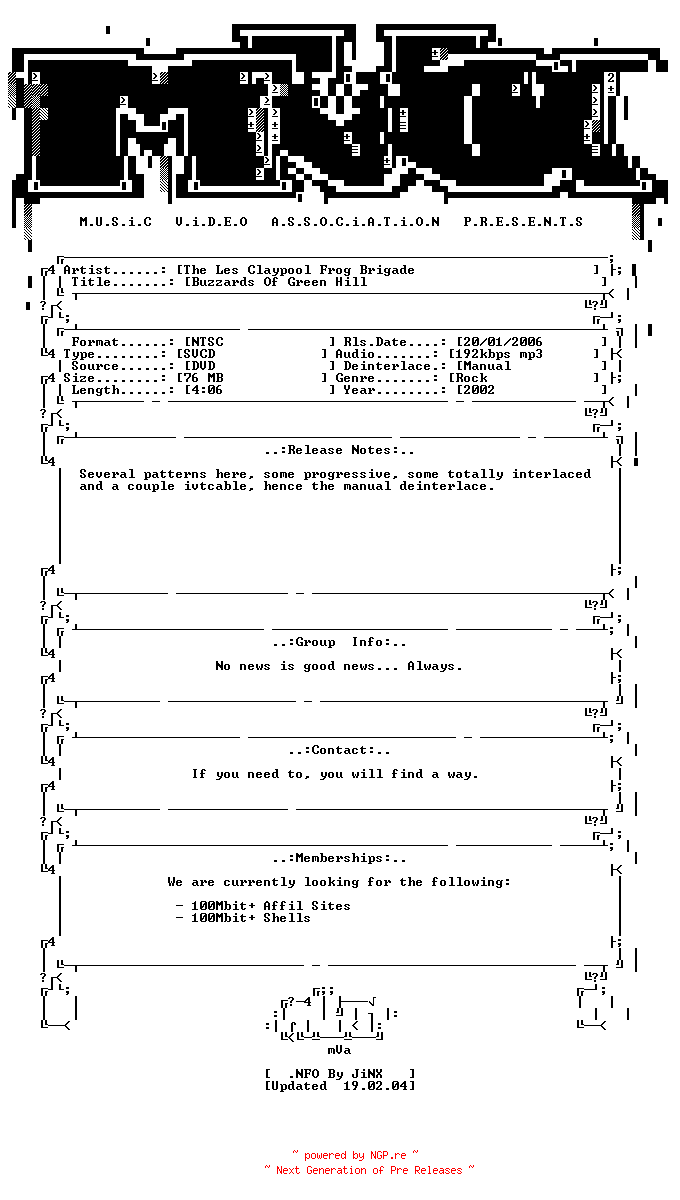 NFO for the release The_less_claypool_frog_brigade-buzzards_of_green_hill-dvdrip-svcd-2002-mVa by mVa