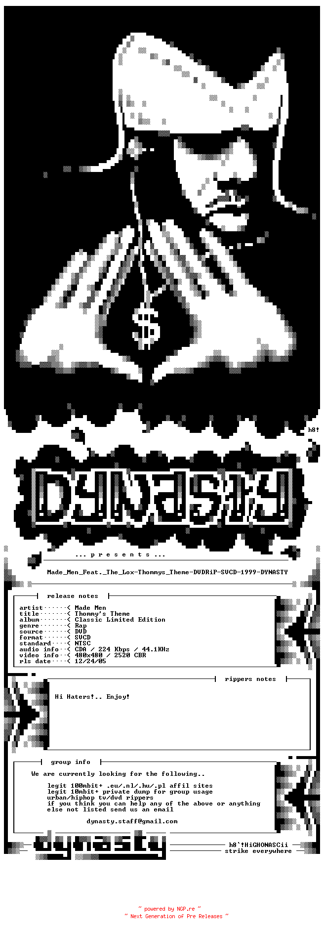 NFO for the release Made_Men_Feat._The_Lox-Thommys_Theme-DVDRiP-SVCD-1999-DYNASTY by DYNASTY