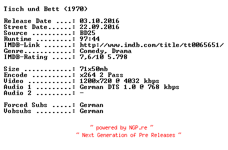 NFO for the release Tisch.und.Bett.1970.German.720p.BluRay.x264-SPiCY by SPiCY