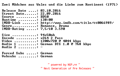 NFO for the release Zwei.Maedchen.aus.Wales.und.die.Liebe.zum.Kontinent.1971.German.720p.BluRay.x264-SPiCY by SPiCY