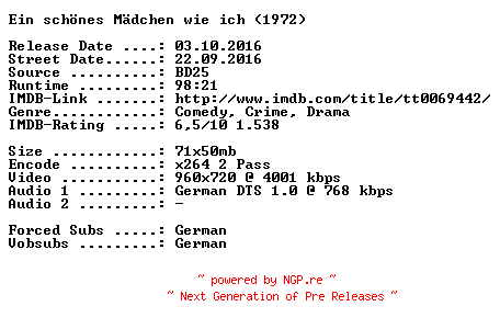 NFO for the release Ein.schoenes.Maedchen.wie.ich.1972.German.720p.BluRay.x264-SPiCY by SPiCY
