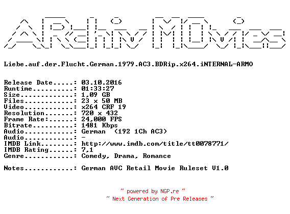 NFO for the release Liebe.auf.der.Flucht.German.1979.AC3.BDRip.x264.iNTERNAL-ARMO by ARMO