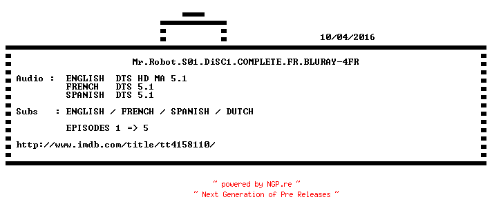 NFO for the release Mr.Robot.S01.DiSC1.COMPLETE.FR.BLURAY-4FR by 4FR