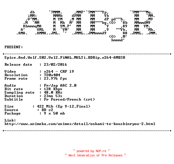 NFO for the release Spice.And.Wolf.S02.Vol2.FiNAL.MULTi.BDRip.x264-AMB3R by AMB3R
