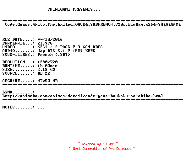 NFO for the release Code.Geass.Akito.The.Exiled.OAV04.SUBFRENCH.720p.BluRay.x264-SHiNiGAMi by SHiNiGAMi