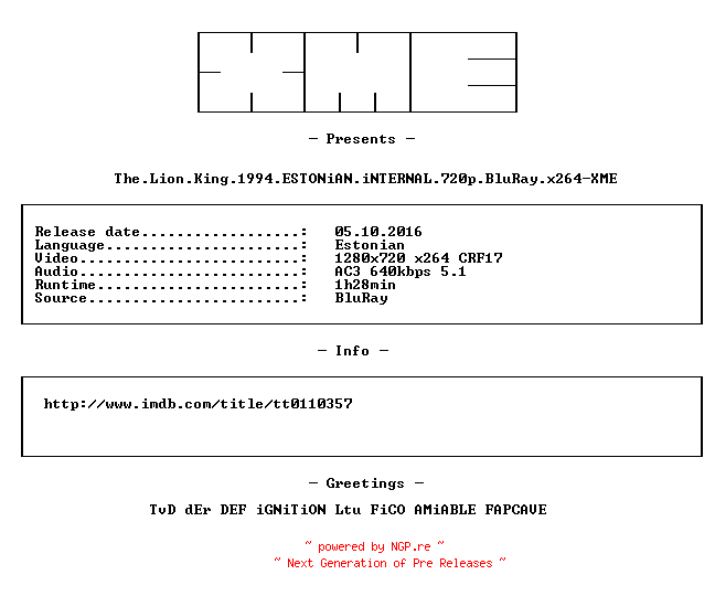 NFO for the release The.Lion.King.1994.ESTONiAN.iNTERNAL.720p.BluRay.x264-XME by XME