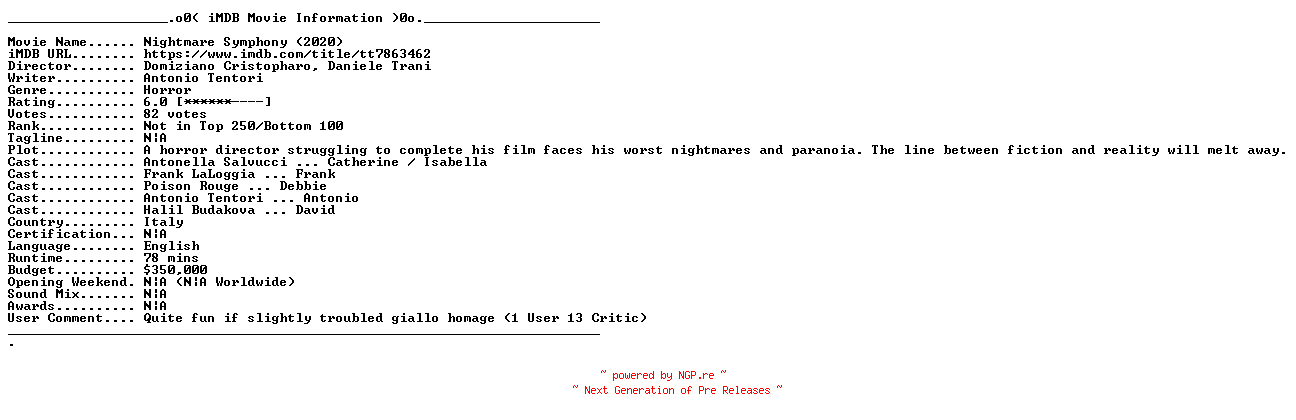 NFO for the release Nightmare.Symphony.2020.GERMAN.DL.BDRIP.X264-WATCHABLE by WATCHABLE