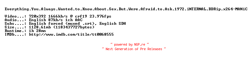 NFO for the release Everything.You.Always.Wanted.to.Know.About.Sex.But.Were.Afraid.to.Ask.1972.iNTERNAL.BDRip.x264-MANiC by MANiC