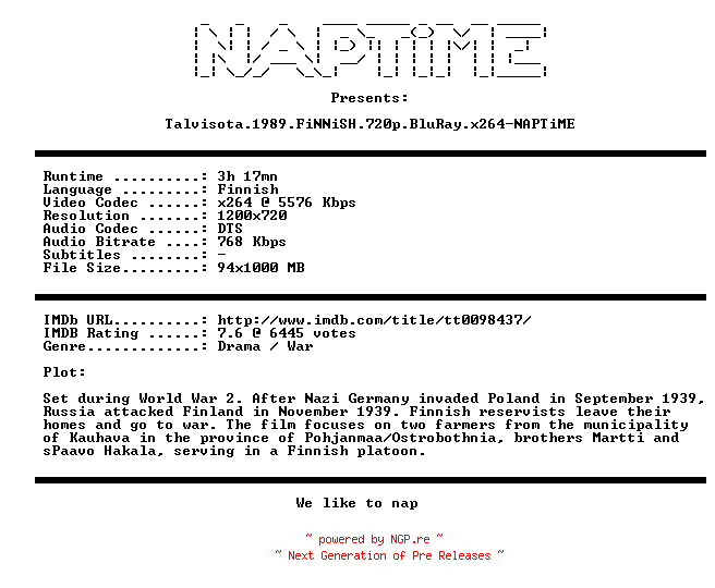 NFO for the release Talvisota.1989.FiNNiSH.720p.BluRay.x264-NAPTiME by NAPTiME