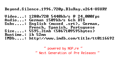 NFO for the release Beyond.Silence.1996.720p.BluRay.x264-USURY by USURY