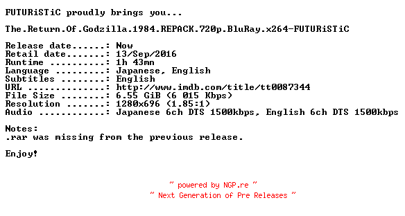 NFO for the release The.Return.Of.Godzilla.1984.REPACK.720p.BluRay.x264-FUTURiSTiC by FUTURiSTiC