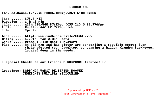 NFO for the release The.Red.House.1947.iNTERNAL.BDRip.x264-LiBRARiANS by LiBRARiANS