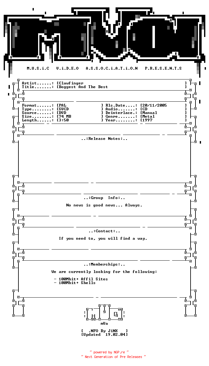 NFO for the release Clawfinger-biggest_and_the_best-dvdrip-svcd-1997-mVa by mVa