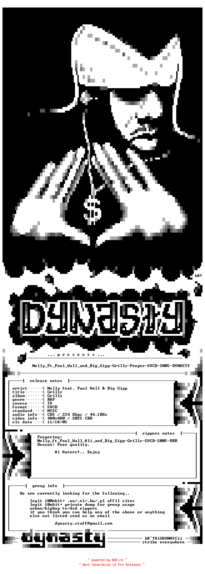 NFO for the release Nelly_Ft_Paul_Wall_and_Big_Gipp-Grillz-Proper-SVCD-2005-DYNASTY by DYNASTY