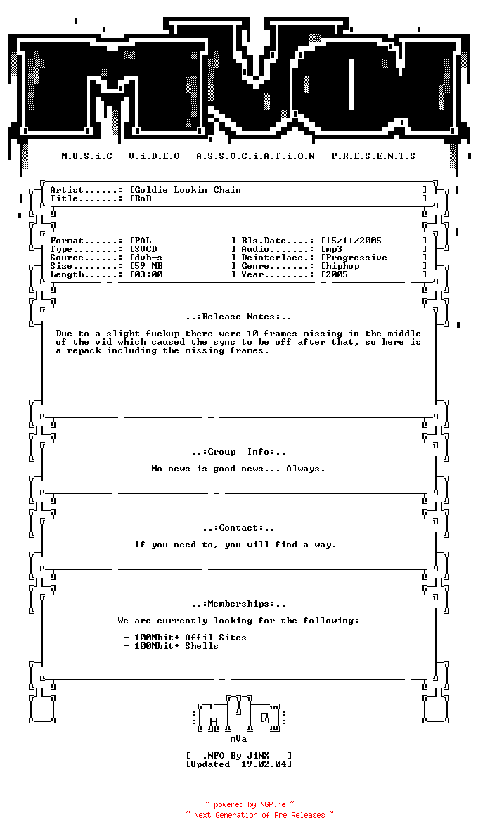 NFO for the release Goldie_lookin_chain-rnb-repack-svcd-2005-mVa by mVa