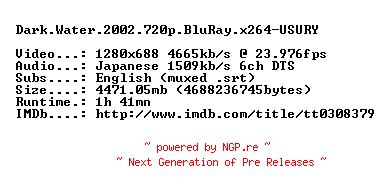NFO for the release Dark.Water.2002.720p.BluRay.x264-USURY by USURY
