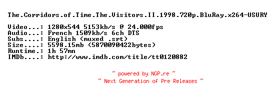 NFO for the release The.Corridors.of.Time.The.Visitors.II.1998.720p.BluRay.x264-USURY by USURY