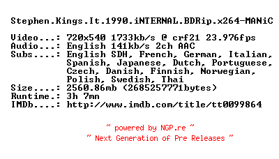 NFO for the release Stephen.Kings.It.1990.iNTERNAL.BDRip.x264-MANiC by MANiC