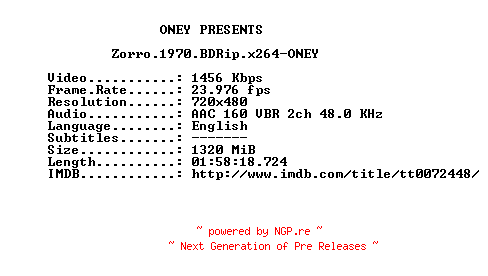 NFO for the release Zorro.1975.BDRip.x264-ONEY by ONEY