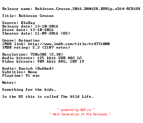 NFO for the release Robinson.Crusoe.2016.DANiSH.BDRip.x264-RCDiVX by RCDiVX