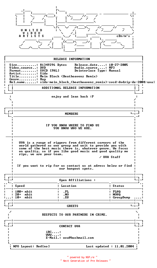 NFO for the release Sido-mein_block_(beathoavenz_remix)-svcd-dvdrip-de-2004-uva by uva