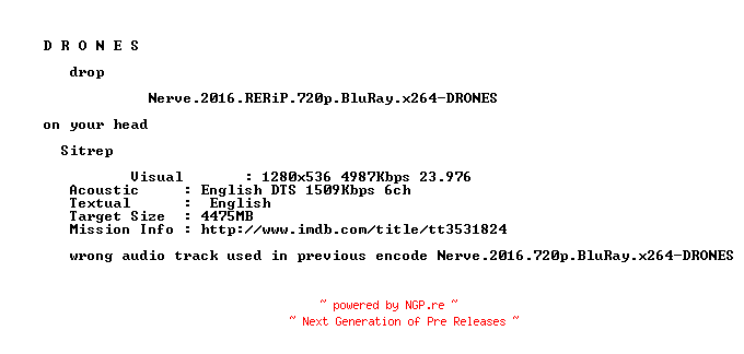 NFO for the release Nerve.2016.RERiP.720p.BluRay.x264-DRONES by DRONES