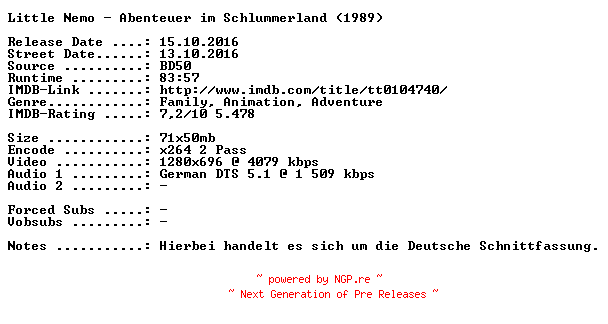 NFO for the release Little.Nemo.Abenteuer.im.Schlummerland.1989.German.720p.BluRay.x264-SPiCY by SPiCY