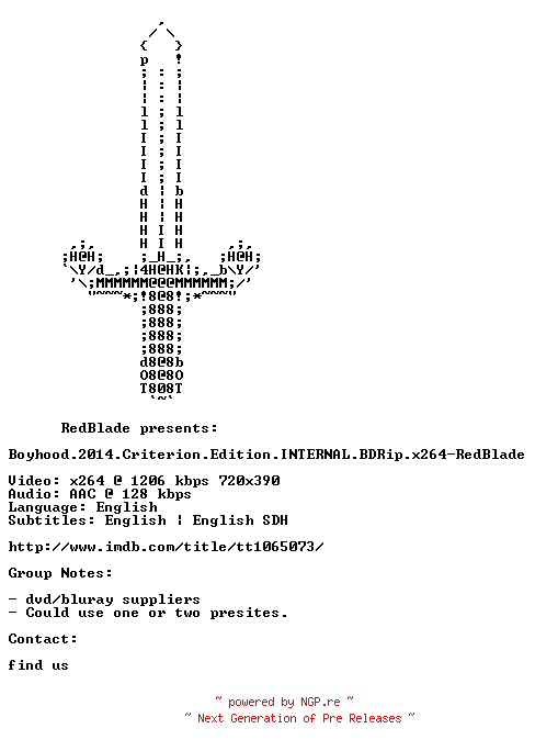 NFO for the release Boyhood.2014.Criterion.Edition.INTERNAL.BDRip.x264-RedBlade by RedBlade