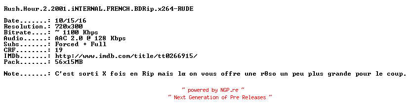 NFO for the release Rush.Hour.2.2001.iNTERNAL.FRENCH.BDRip.x264-RUDE by RUDE