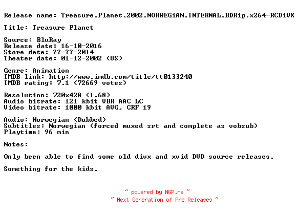 NFO for the release Treasure.Planet.2002.NORWEGiAN.INTERNAL.BDRip.x264-RCDiVX by RCDiVX