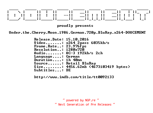 NFO for the release Under.the.Cherry.Moon.1986.German.720p.BluRay.x264-DOUCEMENT by DOUCEMENT