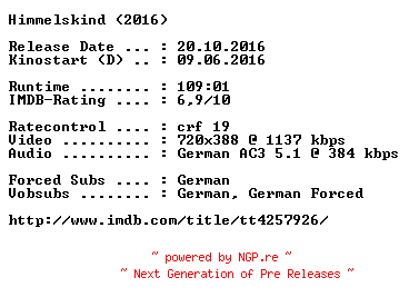 NFO for the release Himmelskind.2016.German.2016.AC3.BDRip.x264-COiNCiDENCE by COiNCiDENCE